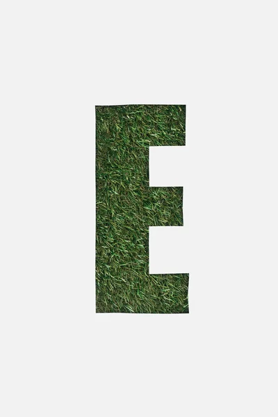 Top view of cut out E letter on green grass background isolated on white — Stock Photo