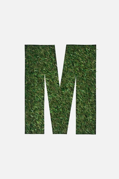 Вид сверху вырезанный буква М на зеленом фоне травы изолированы на белом — стоковое фото