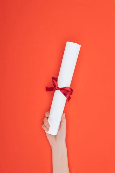 Vista recortada de la mujer que sostiene el diploma con cinta en la superficie roja - foto de stock