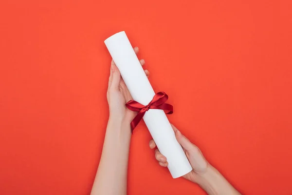 Cropped view of woman holding diploma with ribbon on red surface — Stock Photo