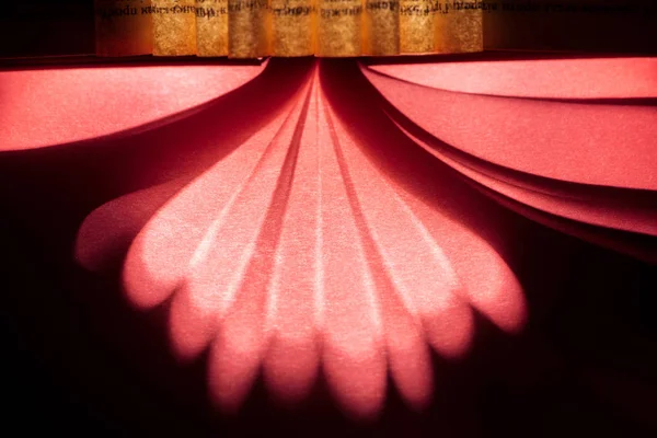 Selective focus of open book with yellow pages and red rays — Stock Photo