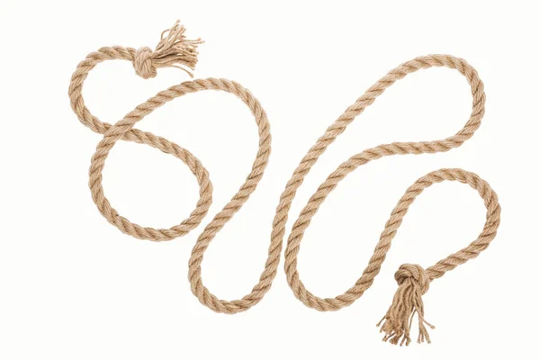 Corde de jute longue avec boucles et nœuds isolés sur blanc — Photo de stock