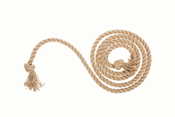 Long curled rope with knots isolated on white — Stock Photo