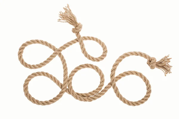 Long brown jute rope with knots and curls isolated on white — Stock Photo