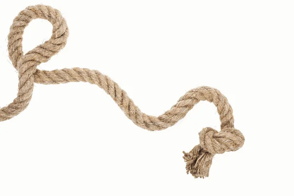 Jute épais et corde brune avec noeud isolé sur blanc — Photo de stock
