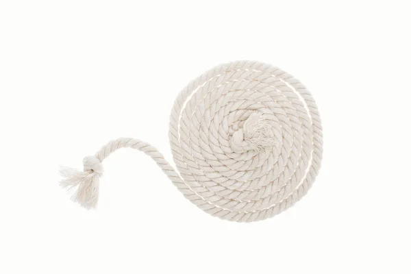 Long white twisted rope with knots isolated on white — Stock Photo