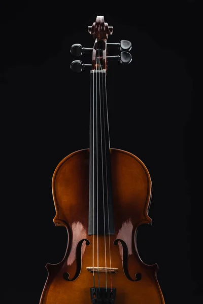 Top view of classical wooden violoncello isolated on black — Stock Photo