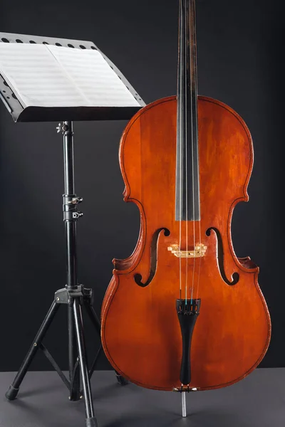 Classic wooden double bass near opened music book on stand on black background — Stock Photo