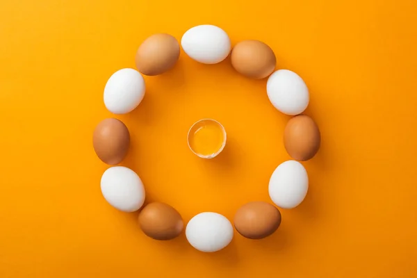 Top view of white and brown organic chicken eggs arranged in round frame with smashed one inside on bright orange background — Stock Photo