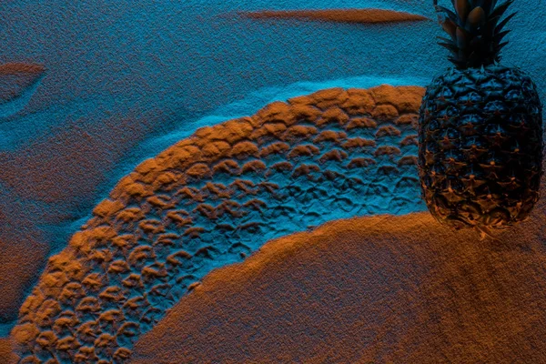 Вид сверху на след ананаса на песке с цветным фильтром и копировальным пространством — стоковое фото
