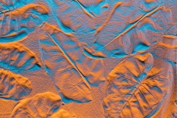 Top view of textured background with leaf prints on sand and color filter — Stock Photo