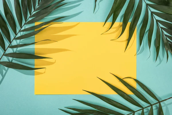 Top view of tropical leaves and yellow card with copy space on turquoise background — Stock Photo