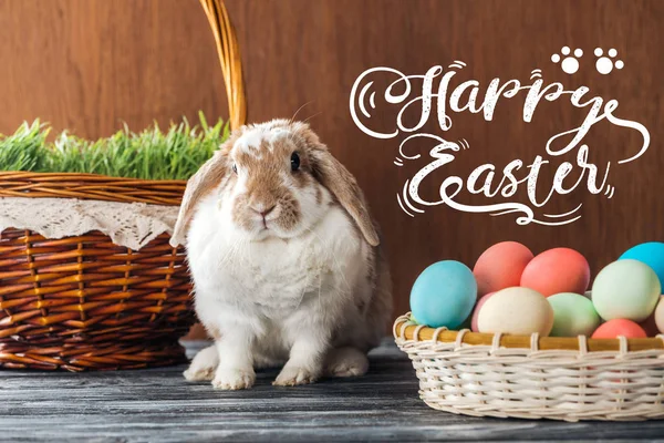 Cute bunny near wicker baskets with green grass and colorful chicken eggs with happy Easter lettering on wooden background — Stock Photo