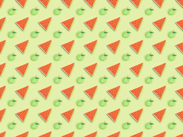 Vista superior del patrón con manzanas de cartón hechas a mano y rodajas de sandía roja aisladas en verde - foto de stock