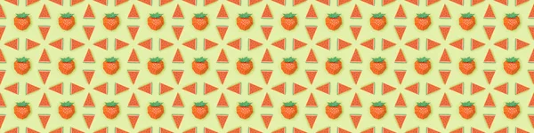 Panoramic shot of pattern with handmade paper strawberries and watermelon slices isolated on green — Stock Photo