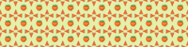 Panoramic shot of pattern with handmade paper strawberries and watermelon slices isolated on green — Stock Photo