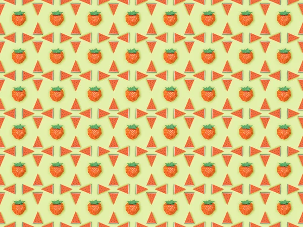 Top view of seamless pattern with handmade paper strawberries and watermelon slices isolated on green — Stock Photo