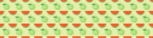 Panoramic shot of pattern with handmade cardboard apples and watermelon slices isolated on green — Stock Photo