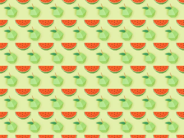 Vista superior del patrón sin costuras con manzanas de cartón hechas a mano y rodajas de sandía aisladas en verde - foto de stock