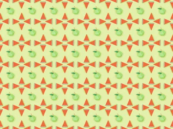 Вид зверху безшовний візерунок з картонними яблуками ручної роботи та шматочками кавуна ізольовані на зеленому — стокове фото