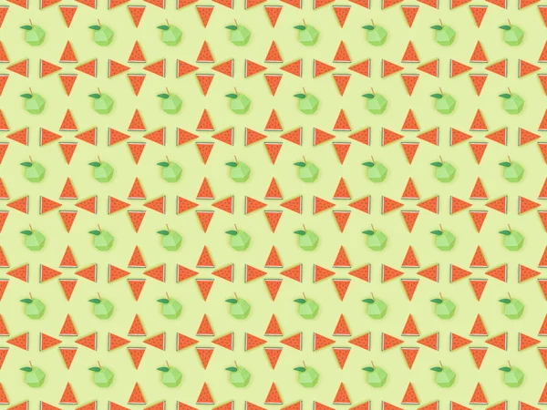 Nahtloses Muster mit handgemachten Pappäpfeln und Wassermelonenscheiben isoliert auf Grün — Stock Photo