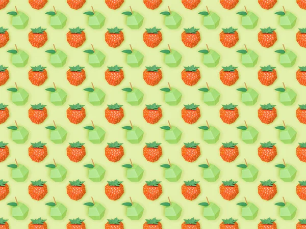 Vista superior del patrón texturizado con fresas de papel hechas a mano y manzanas aisladas en verde - foto de stock