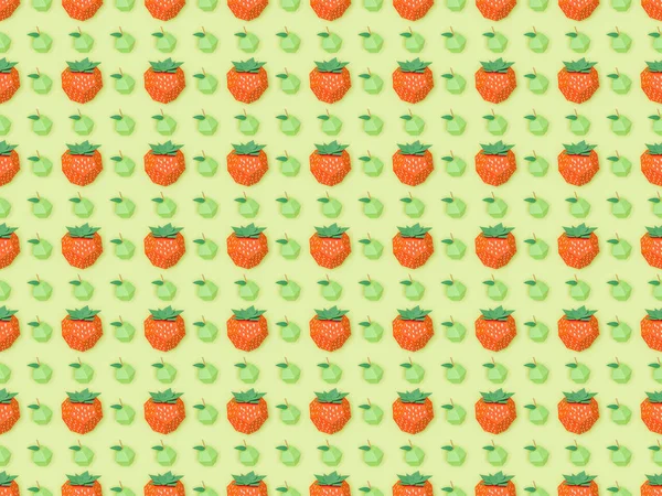 Vista superior del patrón sin costuras con fresas de papel hechas a mano y manzanas aisladas en verde - foto de stock