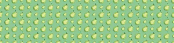 Panoramic shot of pattern with handmade paper pears isolated on green — Stock Photo
