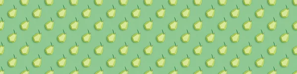 Panoramic shot of seamless pattern with handmade paper pears isolated on green — Stock Photo