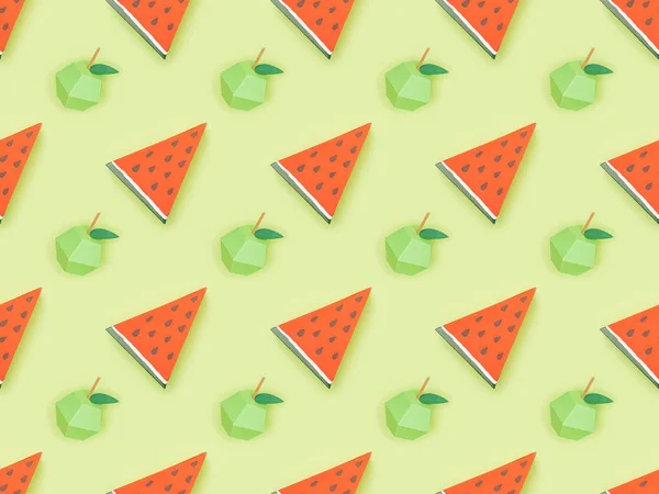 Top view of textured pattern with handmade cardboard apples and watermelon slices isolated on green — Stock Photo