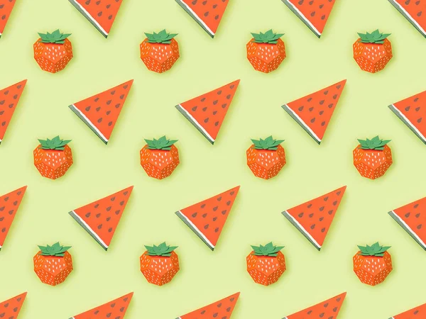 Top view of seamless pattern with handmade paper strawberries and watermelon slices isolated on green — Stock Photo