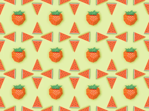 Top view of pattern with handmade red paper strawberries and watermelon slices isolated on green — Stock Photo