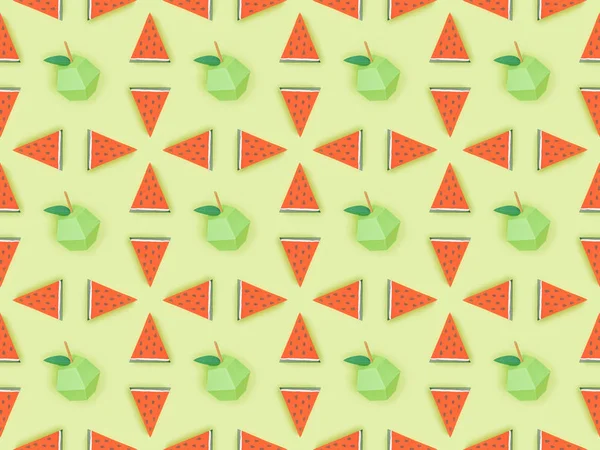 Top view of textured pattern with handmade cardboard apples and watermelon slices isolated on green — Stock Photo