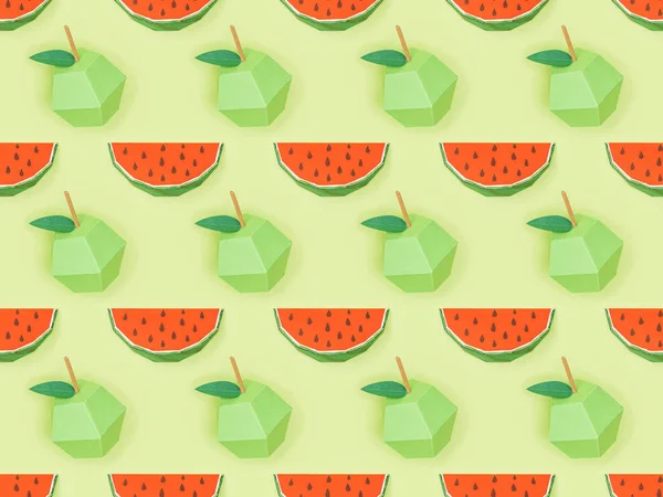 Vista superior de padrão texturizado com maçãs de papelão artesanais e fatias de melancia isoladas em verde — Fotografia de Stock