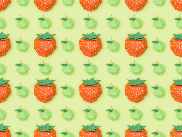 Top view of textured pattern with handmade paper strawberries and apples isolated on green — Stock Photo