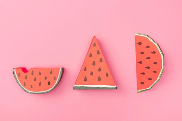 Top view of handmade paper watermelon slices isolated on pink — Stock Photo