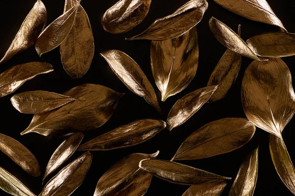 Vue de dessus des feuilles décoratives dorées isolées sur noir — Photo de stock