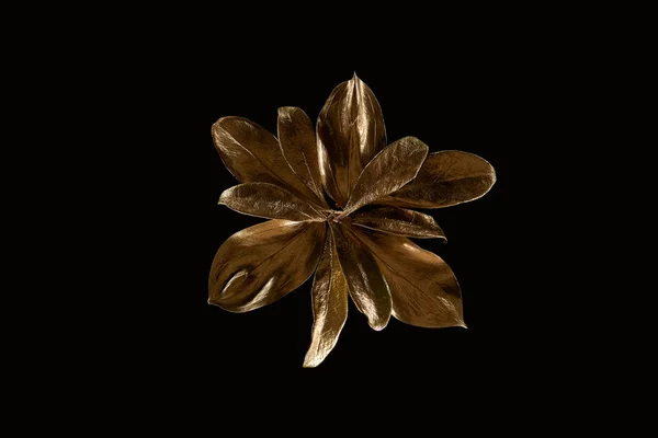 Top view of golden metal flower isolated on black — Stock Photo