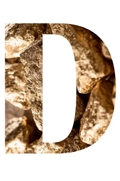 Letter D made of shiny golden stones isolated on white — Stock Photo