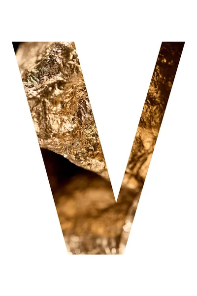 Buchstabe v aus goldglänzenden Steinen isoliert auf weiß — Stockfoto