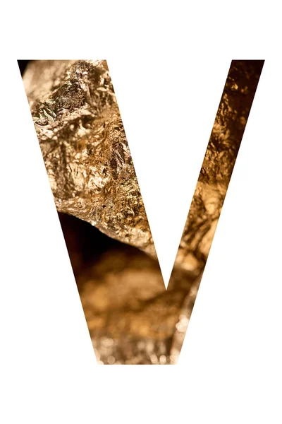 Letter V made of shiny golden stones isolated on white — Stock Photo