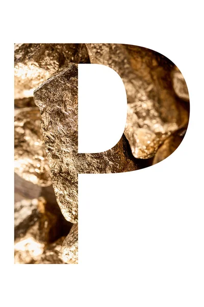 Letter P made of shiny golden stones isolated on white — Stock Photo