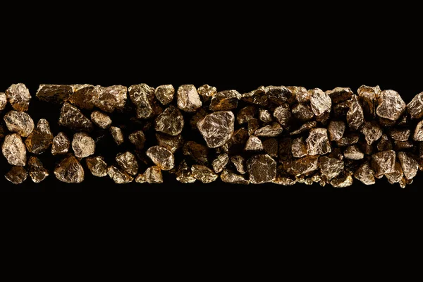 Top view of golden textured stones in horizontal row isolated on black — Stock Photo