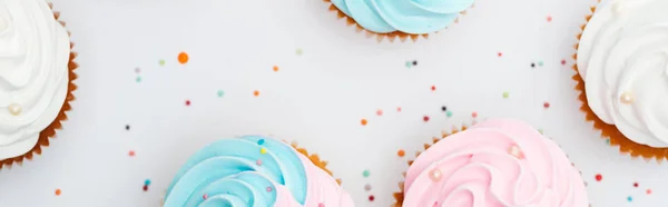 Plano panorámico de deliciosos cupcakes de colores con aspersiones aisladas en blanco - foto de stock