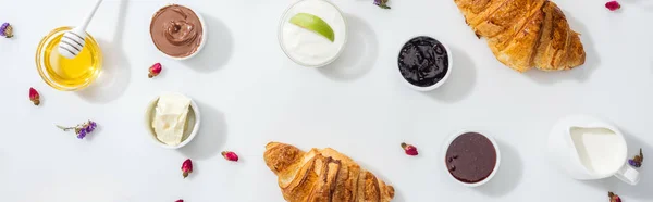 Tiro panorâmico de croissants perto de tigelas com engarrafamento, nata de chocolate e queijo de creme no branco — Fotografia de Stock