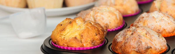 Colpo panoramico di deliziosi muffin in vassoio di cupcake — Foto stock