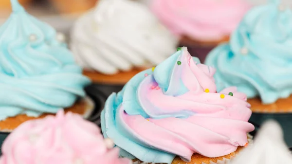 Primer plano de deliciosos cupcakes azules y rosados decorados con chispas en bandeja de cupcakes - foto de stock