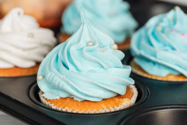 Primer plano de deliciosos cupcakes azules decorados con aspersiones en bandeja de cupcakes - foto de stock
