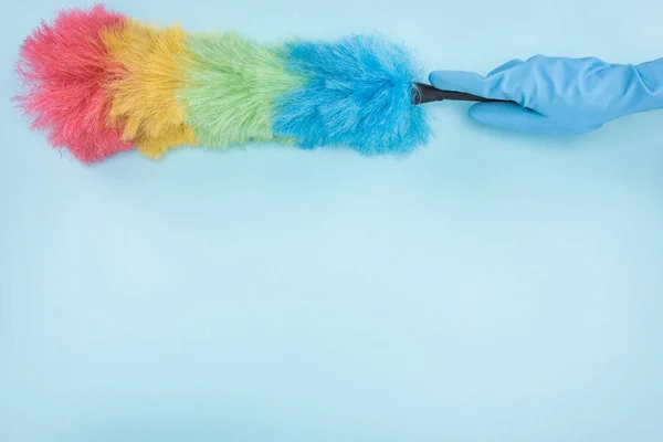 Vista parcial del limpiador en guante de goma que sostiene el plumero del arco iris sobre fondo azul - foto de stock