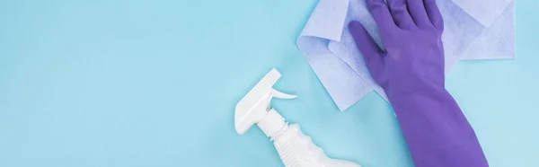 Plano panorámico de limpiador en guante de goma púrpura sosteniendo trapo cerca de botella de aerosol con detergente sobre fondo azul — Stock Photo